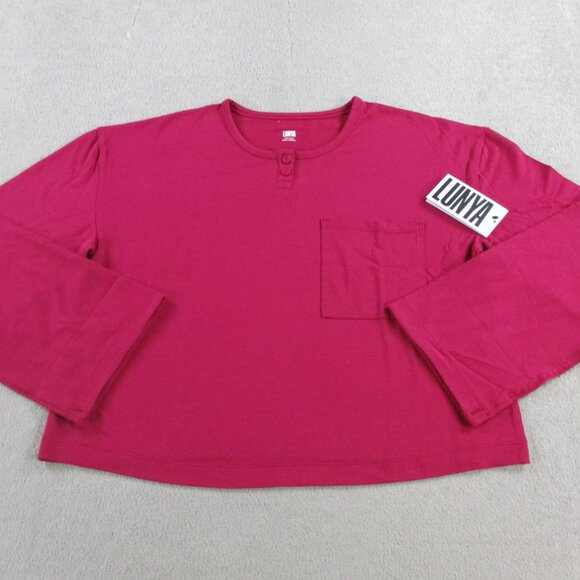 Lunya Slumberknit Long Sleeve Henley Short Set Womens XS Pomegranate Red Pajamas - Picture 3 of 16